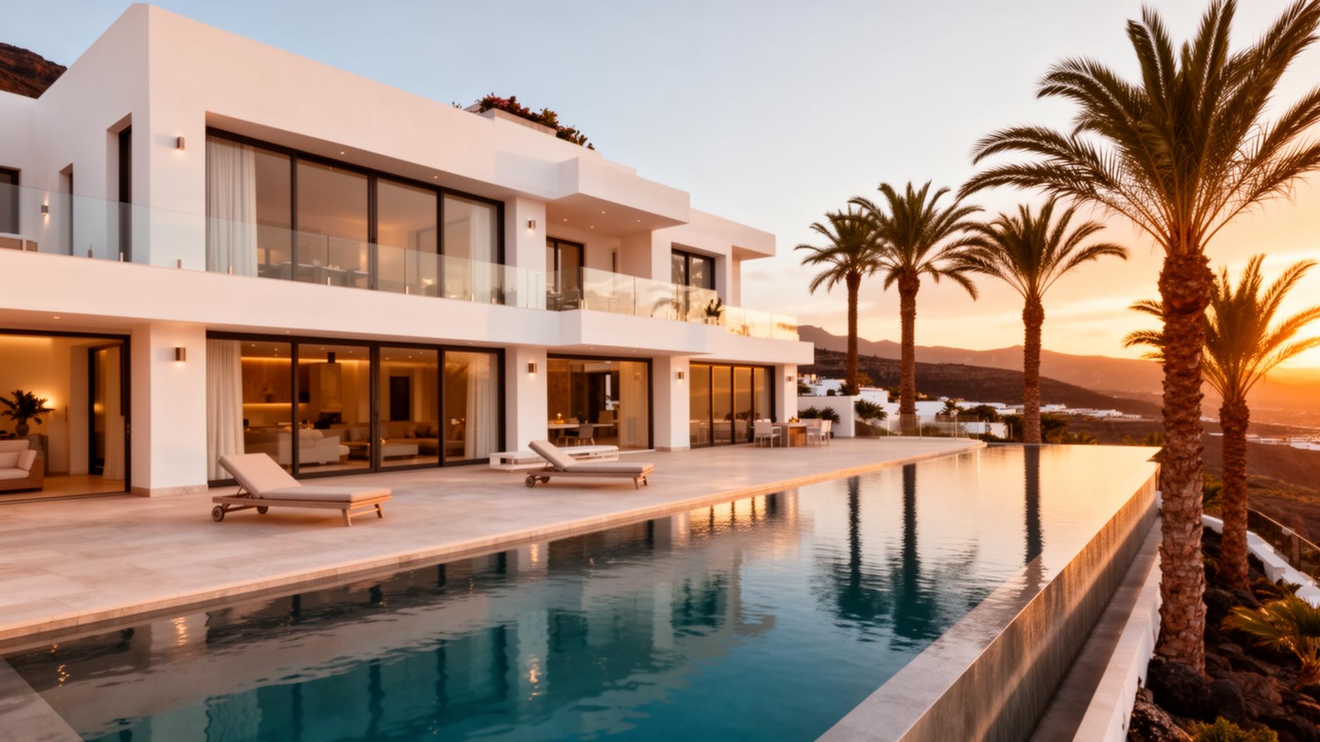 Modern villa with infinity pool and palm trees at sunset — renovation project on Gran Canaria